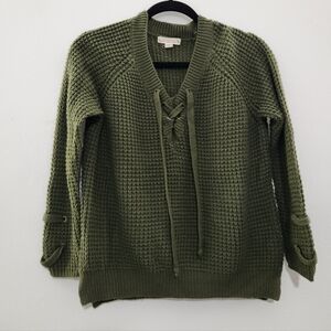 It's Our Time Olive V-Neck Sweater With Tie.
